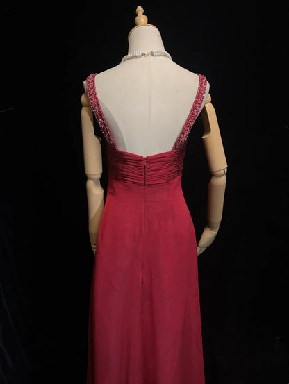 Robes de Bal Élégantes Ligne A Col Bijou Bourgogne Mousseline avec Cape Perles Sans Manches Longue Robe de Soirée Formelle N2885