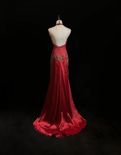 Robes de bal modestes sirène licou en mousseline de soie bordeaux avec perles longue robe de soirée formelle N3877