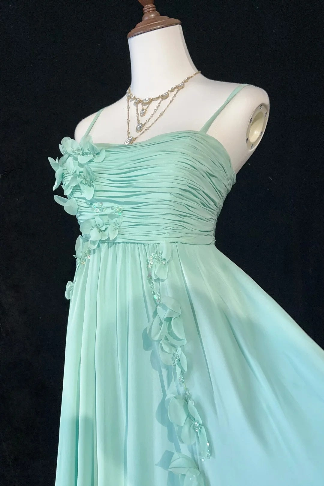 Vintage Prom-Kleider A-Linie Spaghettiträger Mintgrün Chiffon Ärmellos 1980er Lange Formelle Abendrobe N2630