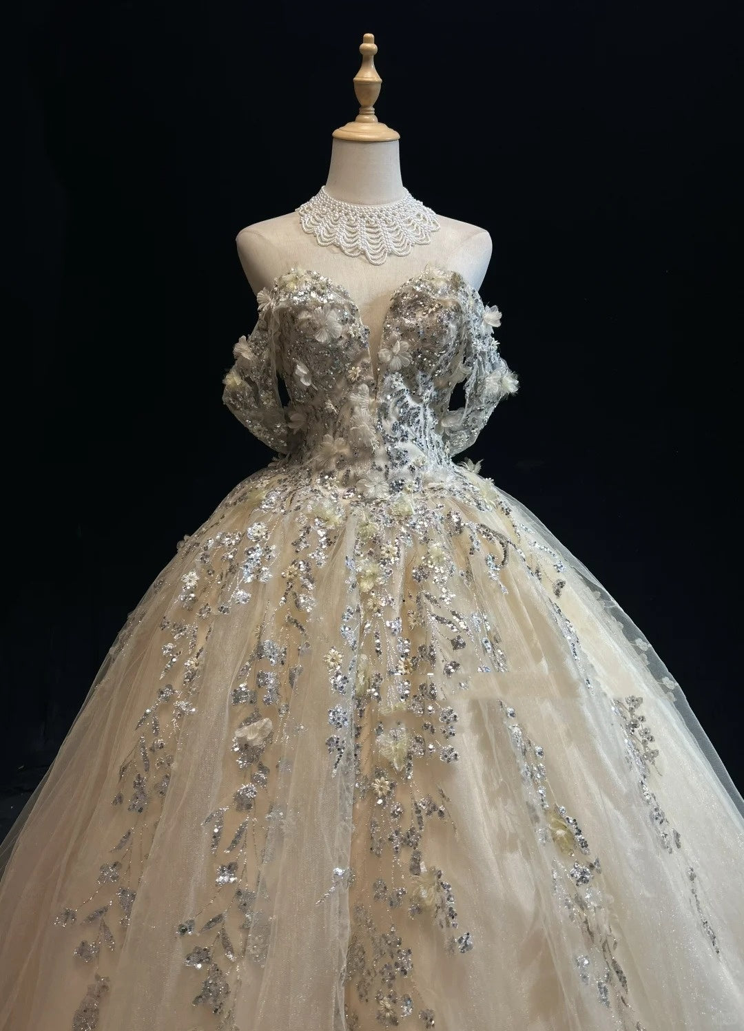 Glamour Ballkleid Abschlussballkleid Off-Shoulder Champagner mit Blumen Formelle Abendgarderobe N3799