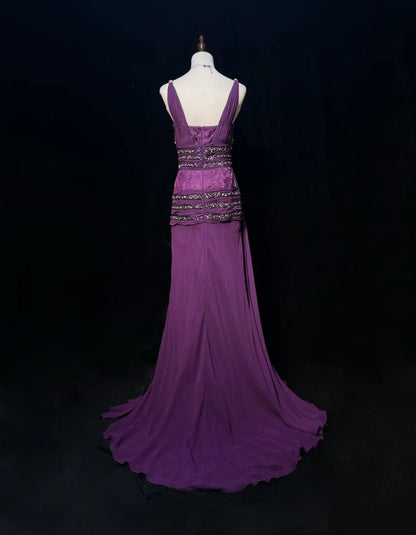 Vintage Ballkleider A-Linie V-Ausschnitt Lila Chiffon Mit Perlen Falten Langes Abendkleid N2460