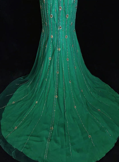 Vintage Sirène Col en V Vert Dos Nu Robes de Soirée Longues de Bal Tenues Formelles RB3941