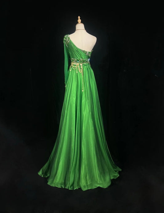 Sexy A-Linien-Kleid, One-Shoulder, Grün, Chiffon mit Perlen, Strasssteinen, Ballkleid, Lang, Abendkleid N2697
