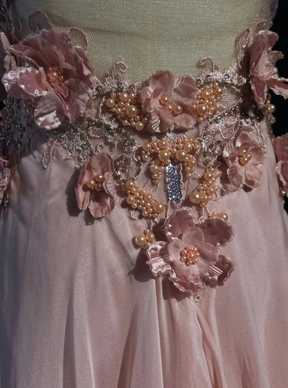 Vintage Prom Dresses A line V Neck Pink Chiffon 70s With 3D Flowers Beading Long Formal Gown N2528