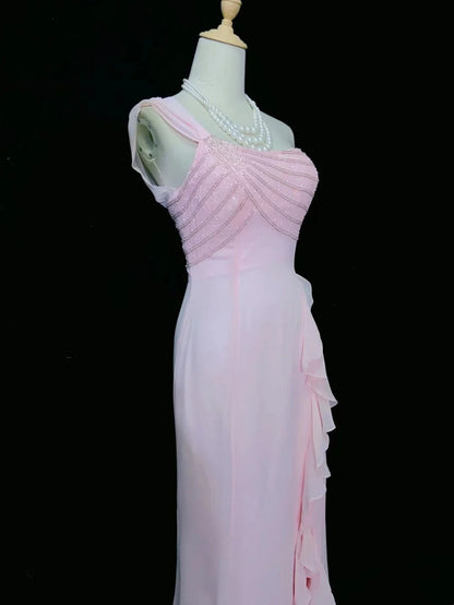 Vintage Abschlussballkleider 80er Meerjungfrau One Shoulder Pink Chiffon Ärmellos Mit Perlen Semi-Formale Abendoutfits N3620