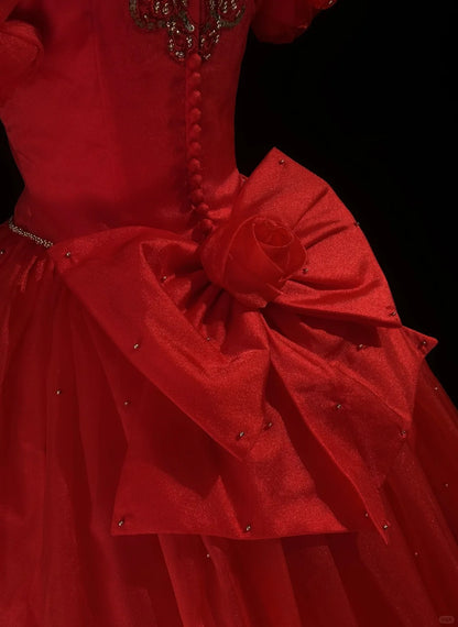 Vintage Prom Dresses Ball Gown Square Neck Red Organza Long 70s Beads Formal Gown N2606