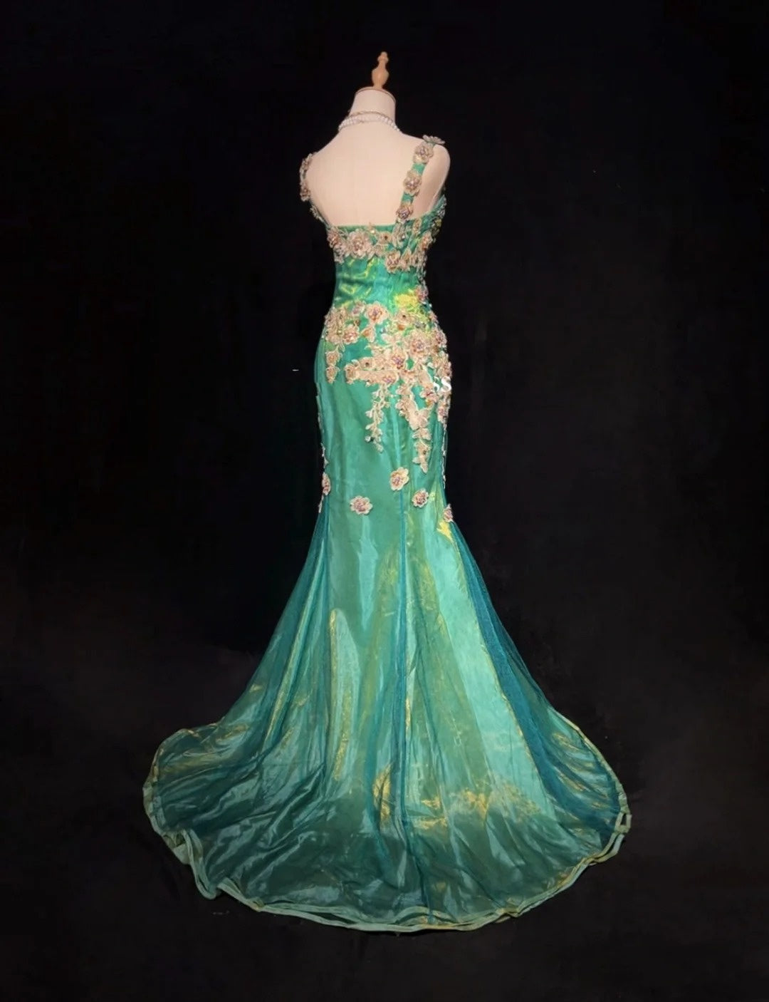 Robes de bal vintage Sirène bustier vert en tulle des années 70 avec perles appliquées Robe de soirée N2533