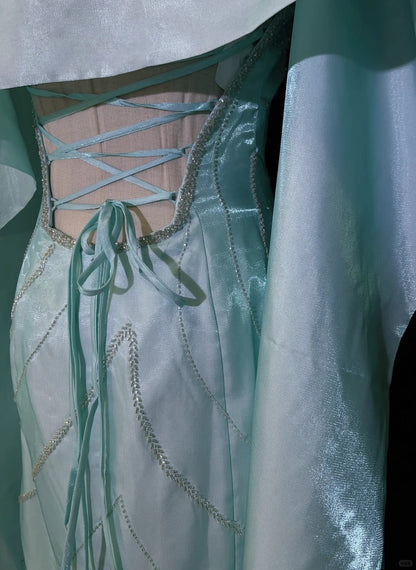 Robes de bal vintage des années 80 sirène dos nu bleu sans manches avec cape perles tenues de soirée semi-formelles N3616