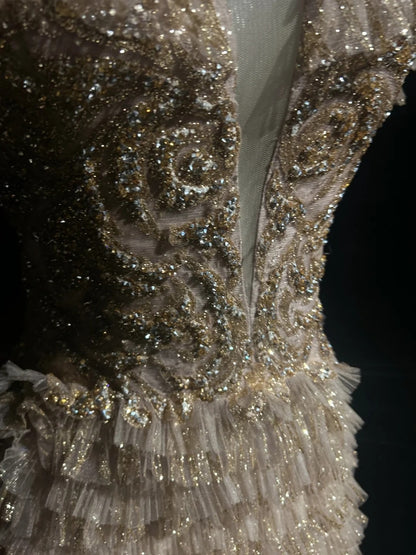 Vintage-Abschlussballkleider A-Linie Spaghettiträger Goldspitze mit Ärmeln 80er-Jahre-Abend-Formales Kleid RB3268