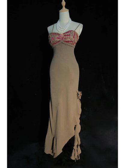 Vintage Abschlussballkleider 90er Meerjungfrau Spaghettiträger Chiffon Lang Semi-Formelle Abendkleider N3655