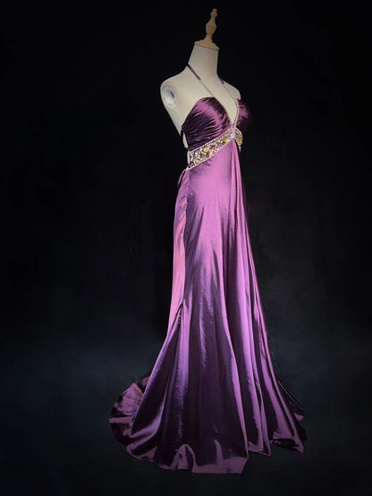 Vintage Prom Dresses 90s Mermaid Halter Grape Backless With Beading Long Semi Formal Evening Dress N3667