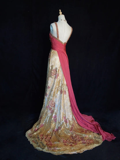 Vintage Prom Dresses A Line Halter Hot Pink Chiffon With Gold Lace Long Formal Evening Outfits N3856