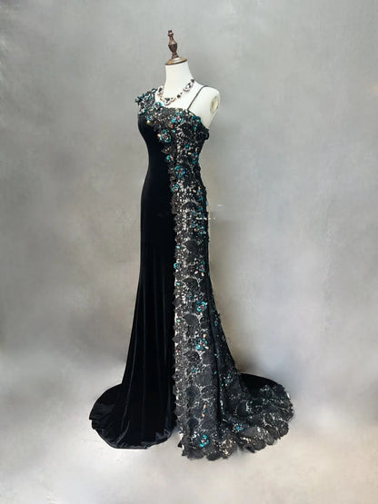 Vintage Prom Dresses Mermaid One Shoulder Black Velvet Sequin With Split Long 70s Formal Gown N2579