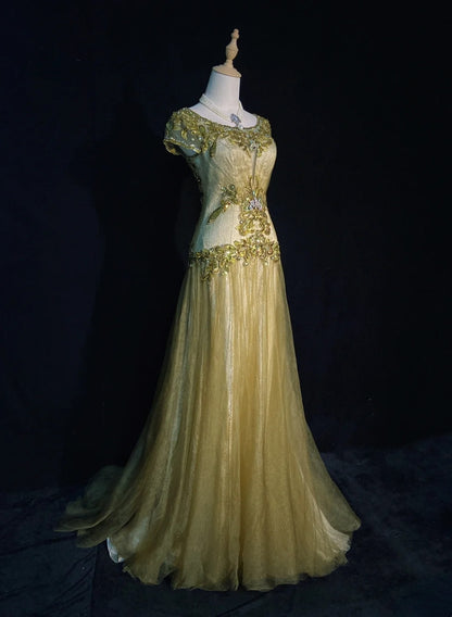 Robes de Bal Vintage Années 90 Sirène Col Bijou Tulle Doré Avec Perles Longue Robe de Soirée Semi-Formelle N3674