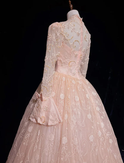 Prinzessin Abschlussballkleider Ballkleid V-Ausschnitt Rosa Spitze mit langen Ärmeln mit Perlen Formelle Abendgarderobe N3878