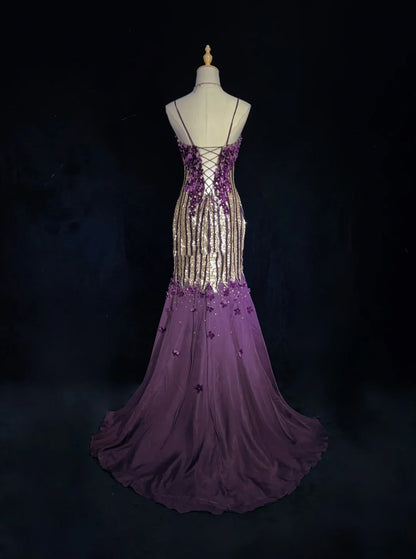 Glitzer-Abschlussballkleider Meerjungfrau Spaghetti-Träger Lila Chiffon Mit Blumen Langes Formelles Abendkleid N3893