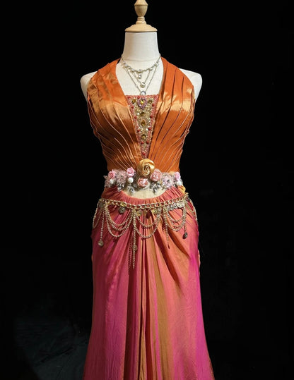 Charming Prom Dresses Mermaid Pink Halter Orange Satin With Ruffled Long Evening Outfits N3430
