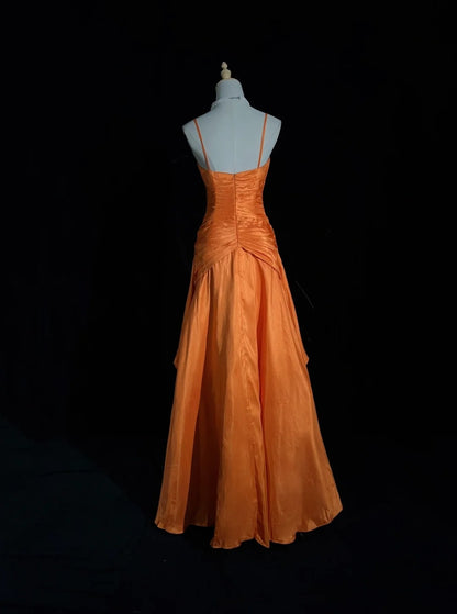 Vintage Prom Aesthetic Dresses A Line Spaghetti Strap Orange Satin With Beading Long Formal Dance Dress N3007