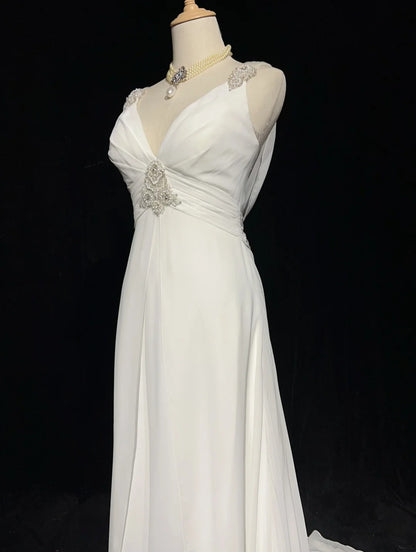 Modest Wedding Dresses A Line V Neck Chiffon Beach Summer With Beading Long Brides Gown N2999