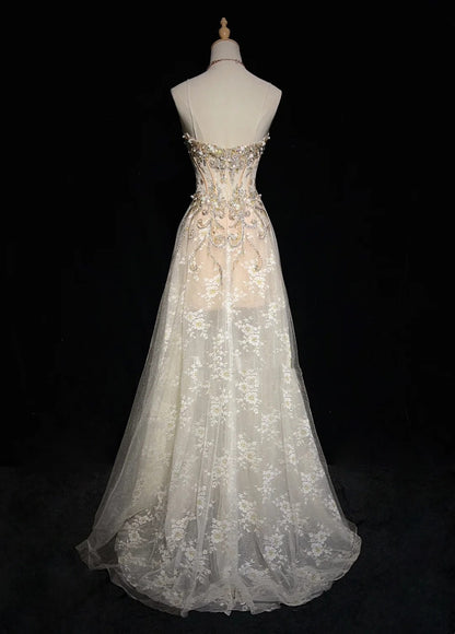 Vintage Prom Dresses 90s A line Spaghetti Strap Champagne Tulle Long Semi Formal Evening Outfits N3651