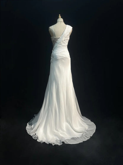 Robes de bal vintage des années 90 sirène en mousseline blanche avec perles argentées à volants longue robe de bal avec cape N3035