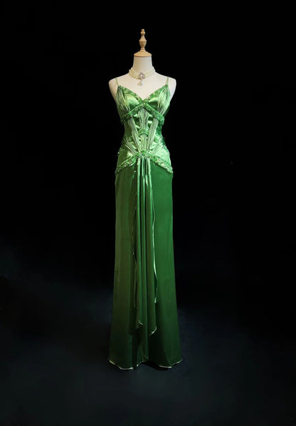 Vintage Prom Dresses A Line Spaghetti Strap Green Satin With Beading Long Formal Dress N2455