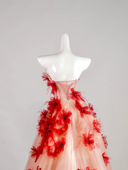 Robe de bal bustier rouge à fleurs sans manches avec application en tulle rose, longue robe de quinceañera, tenue d'anniversaire pour les 15 et 16 ans N676