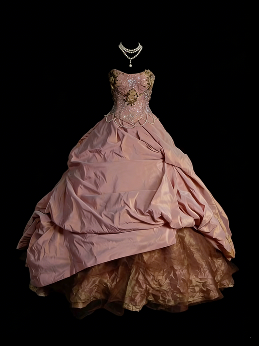 Bezauberndes, trägerloses, rosafarbenes Ballkleid für Sweet 16, Quinceañera, aus Taft mit 3D-Blumen, lang, 15 Vestidos De Fiesta N1251