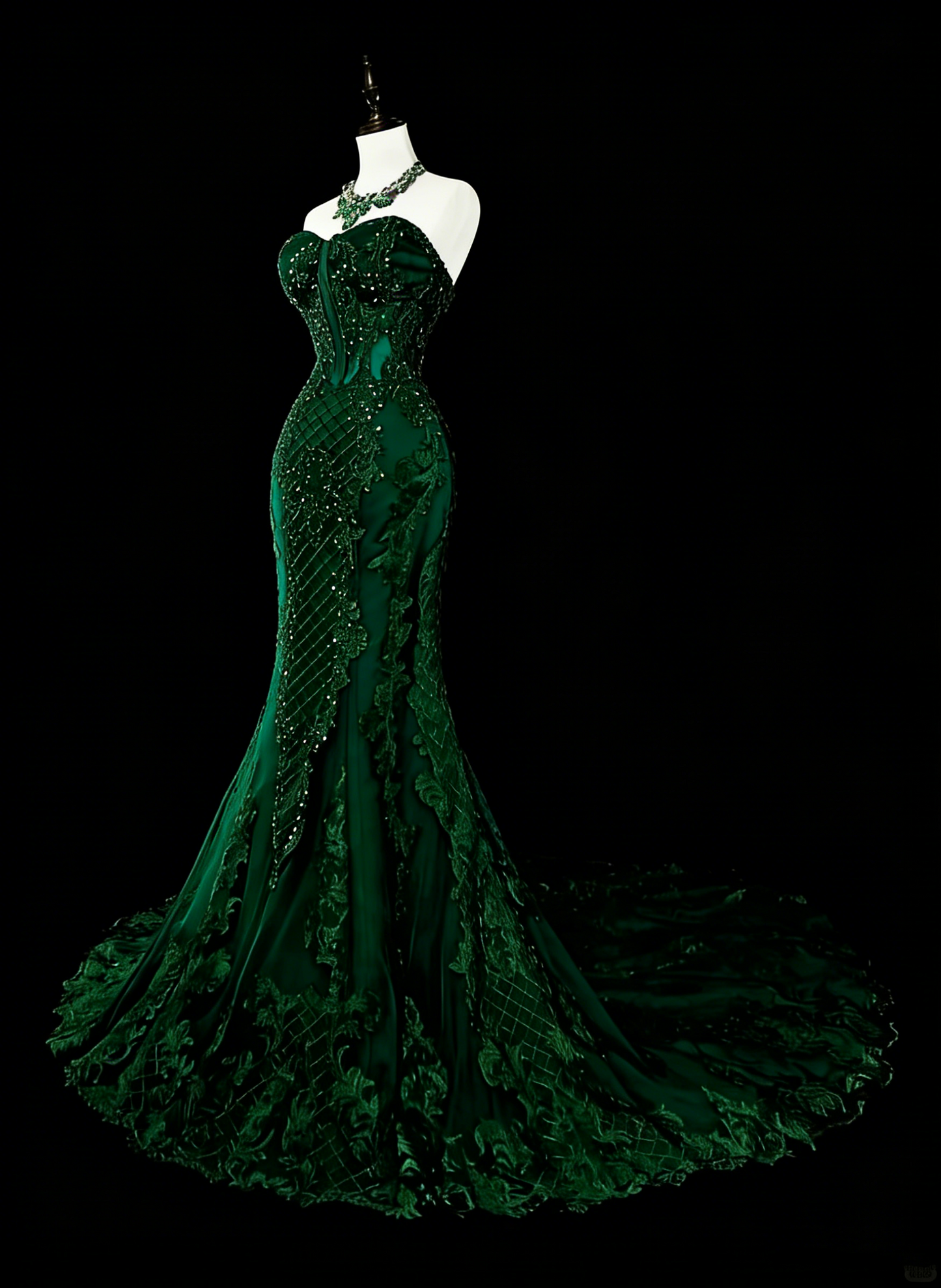 Vintage Meerjungfrauen-Abendkleid aus den 1960er Jahren, dunkelgrün mit Kristallverzierungen, ärmellos, lang, elegant, mit Herzausschnitt, N1593