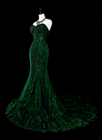 Vintage Meerjungfrauen-Abendkleid aus den 1960er Jahren, dunkelgrün mit Kristallverzierungen, ärmellos, lang, elegant, mit Herzausschnitt, N1593