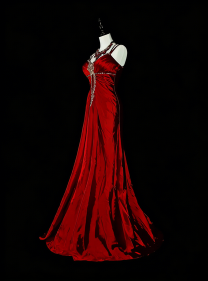 Vintage Ballkleider Ästhetik 1950er Jahre Retro Meerjungfrau Dunkelrot Rückenloses Langes Partykleid N2023