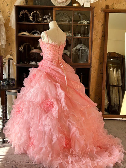 Vintage Ball Gown Spaghetti Straps Pink With Layers Tiered Sweet 16 Dresses Quinceanera Dress Long 15 Vestidos De Fiesta N2263