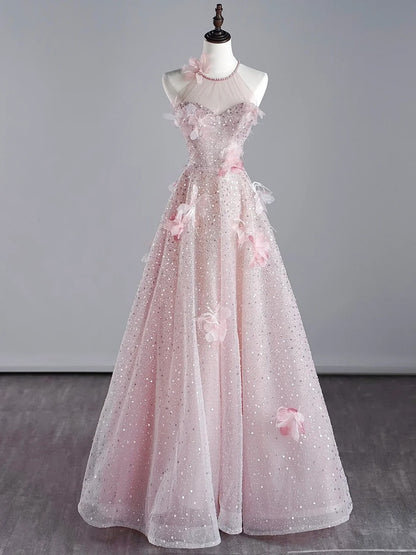 Robe de bal rose à sequins, coupe trapèze, col rond, inspiration princesse, modèle N758
