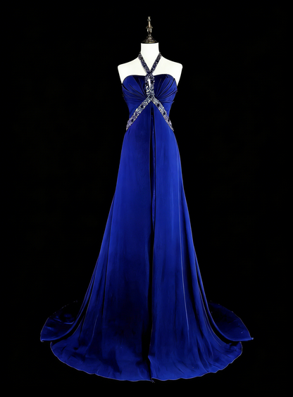 Robe de soirée vintage trapèze en mousseline bleu roi, style années 90, idéale pour un anniversaire ou un bal de promo (N1751)