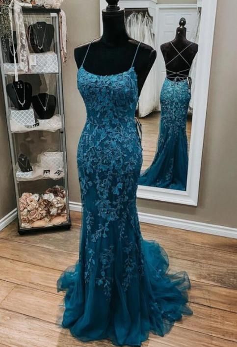 Dunkelblaues Meerjungfrauen-Abendkleid mit Spaghettiträgern und Applikationen AB1585