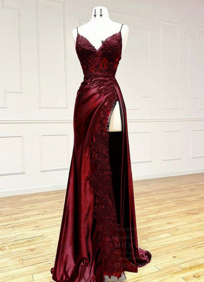 Trägerloses, weinrotes, langes Ballkleid mit V-Ausschnitt aus Satin und Spitze AB1612