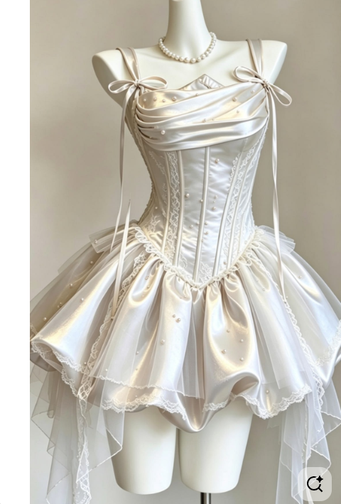 Pretty Ball Gown Straps Satin Homecoming Dress With Pearls Short Party Dresses RB6826