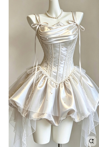 Pretty Ball Gown Straps Satin Homecoming Dress With Pearls Short Party Dresses RB6826