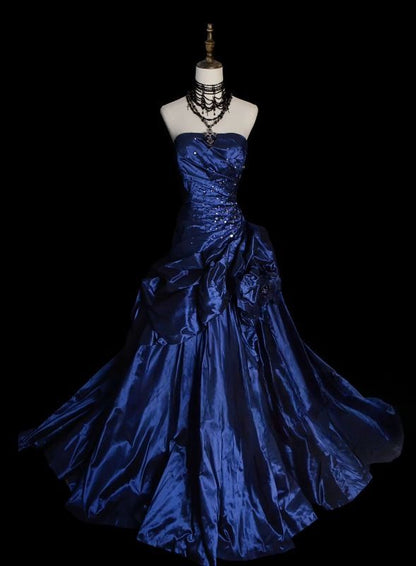 Vintage Ballkleid, trägerlos, marineblau, Satin, langes Abendkleid für Abschlussball, Abiball, Kostüme N035