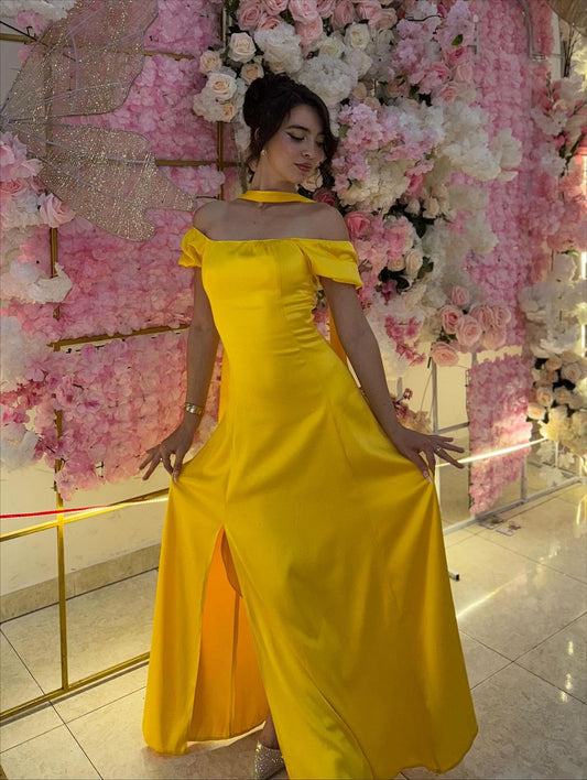 Gorgeous Yellow Sheath Off The Shoulder Yellow Satin High Slit Prom Dresses With Scarf AB190
