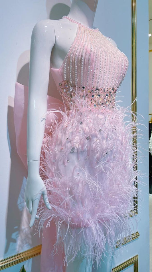 Sexy Sheath Halter Pink Short With Beading Pearls Homecoming Dress Mini Party Dresses RB6825