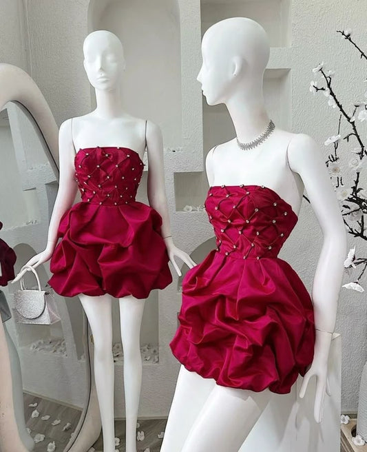 Pretty Ball Gown Strapless Burgundy Homecoming Dress With Silver Beading Short Party Dresses RB6824