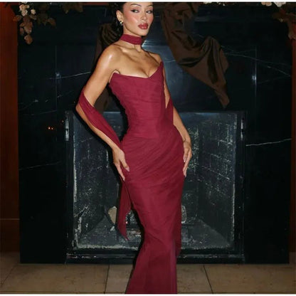 Robe de bal sirène élégante et sexy en mousseline à décolleté cœur, tenue d'invitée pour un mariage d'été formel ou un anniversaire AB2307