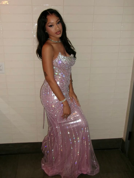 Sparkly Mermaid Strapless Pink With Beaded Sequined Long Prom Dress Inspiration Party For Womens Formal Dresses RB8700