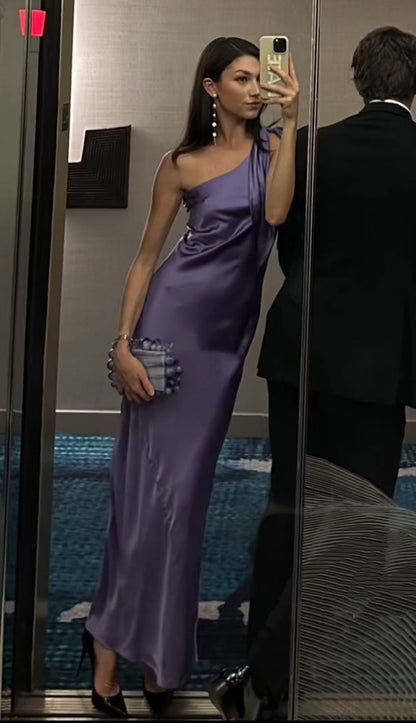 Lila Satin-Abendkleid im Meerjungfrauenstil mit einem Schulterträger, lang, AB1550
