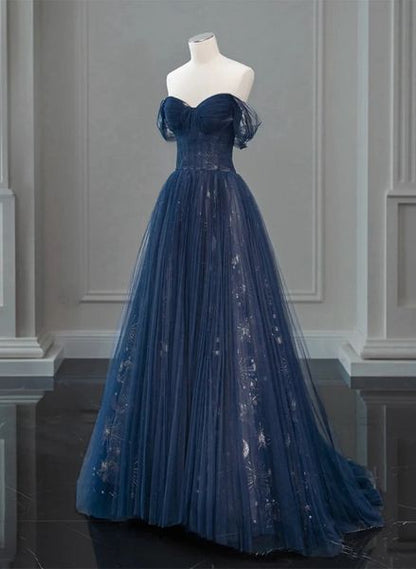 A-Linien-Abendkleid aus Tüll und Spitze in Dunkelblau mit Carmen-Ausschnitt AB693