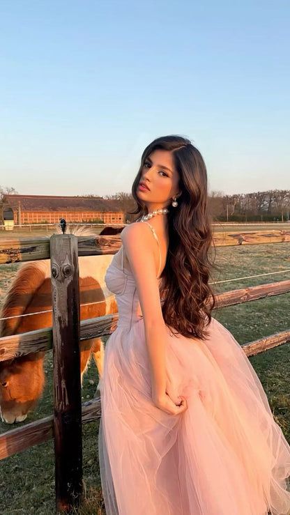 Schlichtes, rosa Tüll-Abendkleid in A-Linie mit Spaghettiträgern für Teenager, festliches Kleid, Party-Outfit, Ballkleid AB1048