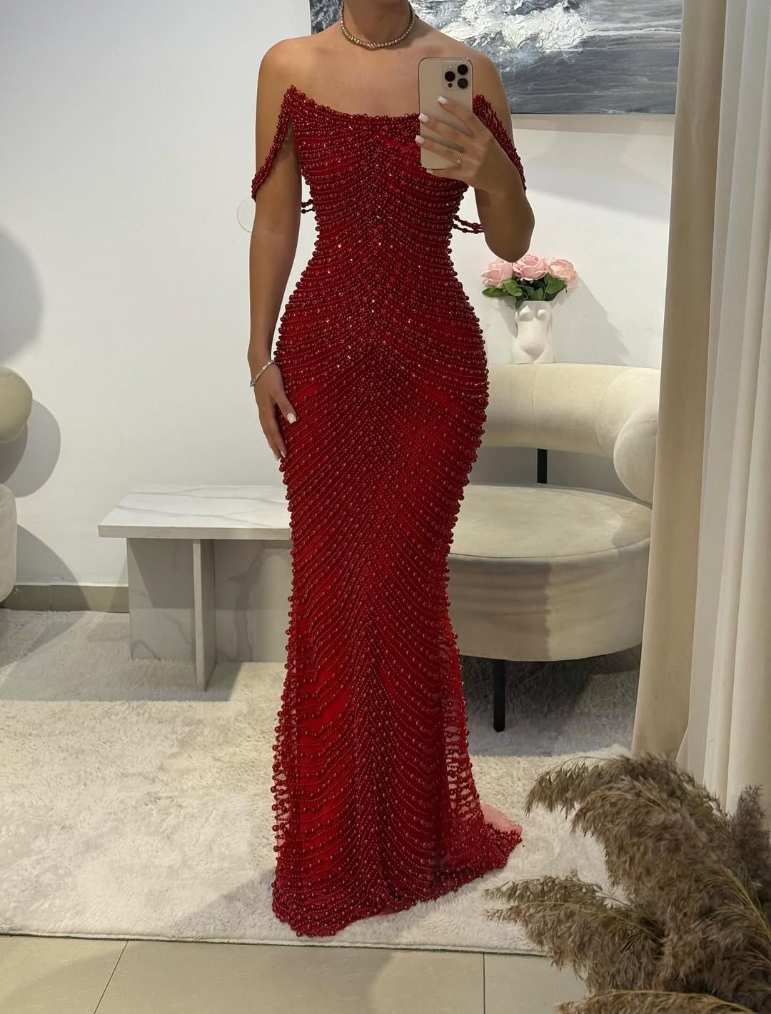Heißer Verkauf: Rotes, perlenbesetztes Ballkleid mit funkelnden Kristallperlen, schulterfreies Meerjungfrauen-Partykleid AB1543
