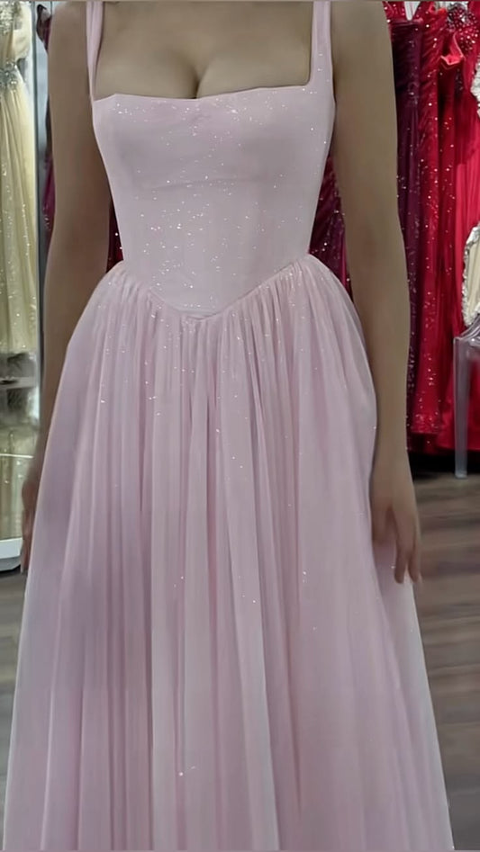Elegantes A-Linien-Abendkleid aus rosa Tüll mit quadratischem Ausschnitt, lange Ballkleider N2670