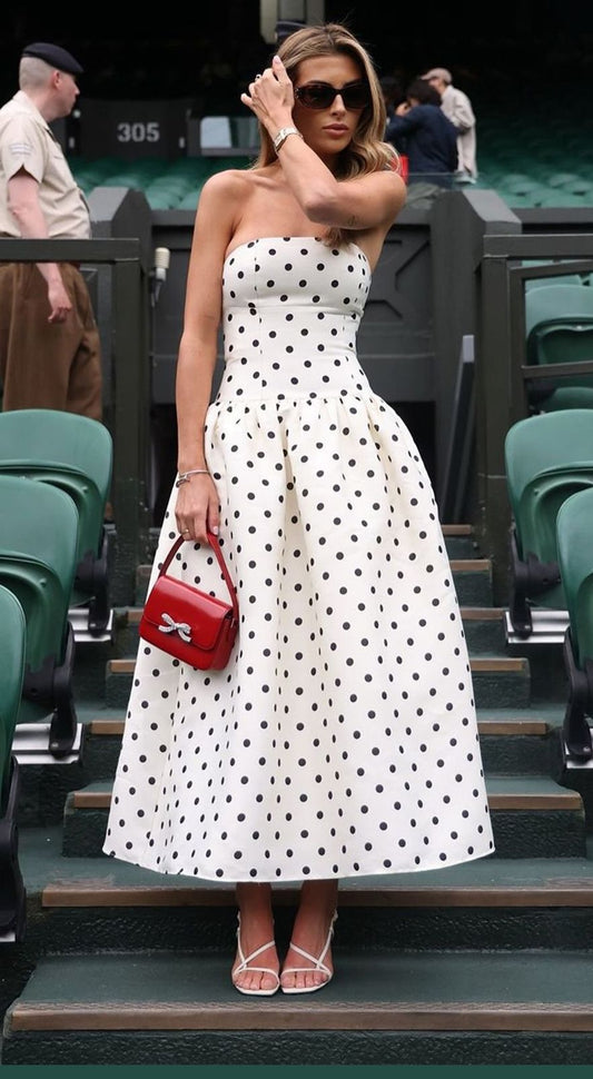 Schickes Ballkleid Trägerlos Schwarz Tupfen Frühling Abendkleid Langes Abschlussballkleid N2668